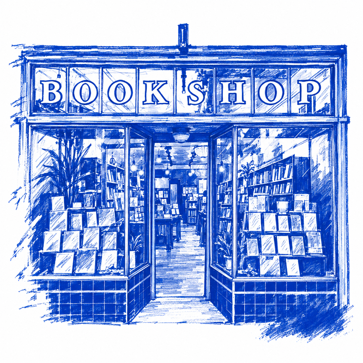 Klein-blue marker drawing of Noe Valley Books, Noe Valley, San Francisco; Places to Wander by The Corporate Artist