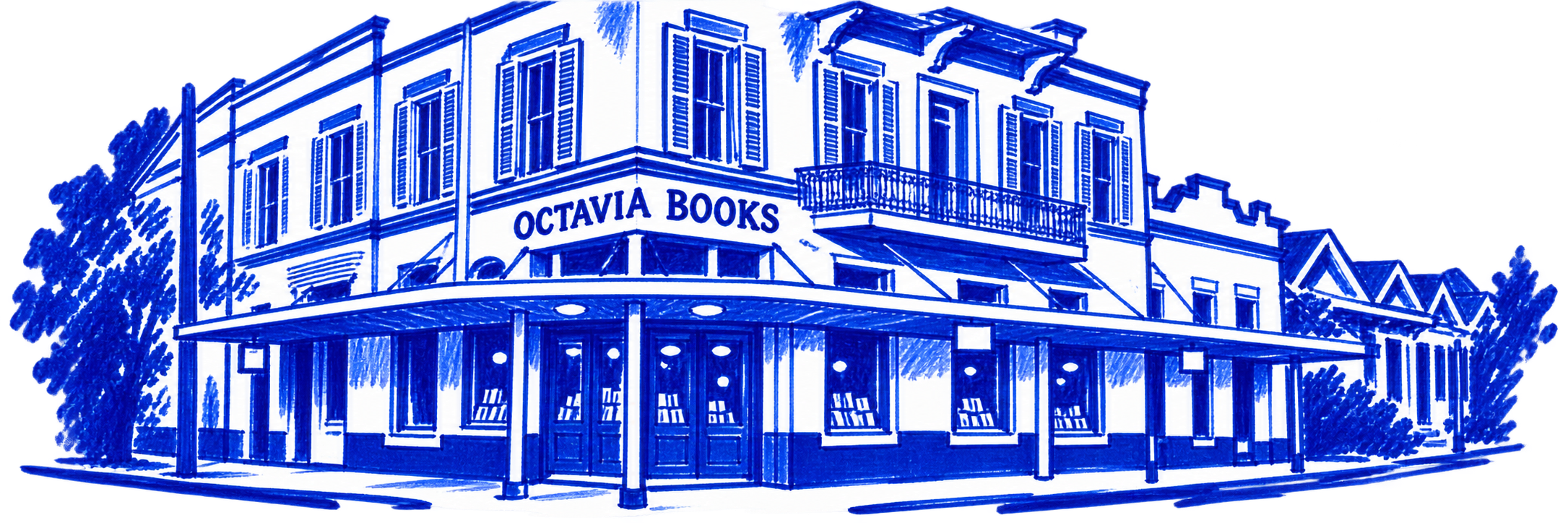Klein-blue marker illustration of Octavia Books, New Orleans; Places to Wander by The Corporate Artist