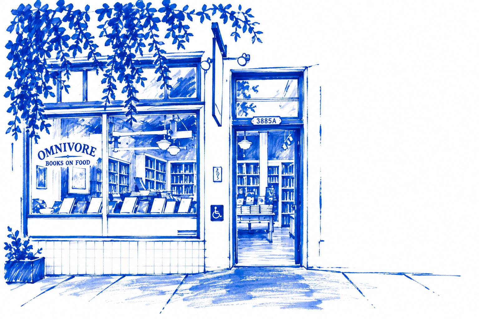 Klein-blue marker drawing of Omnivore Books on Food, Noe Valley, San Francisco; Places to Wander by The Corporate Artist