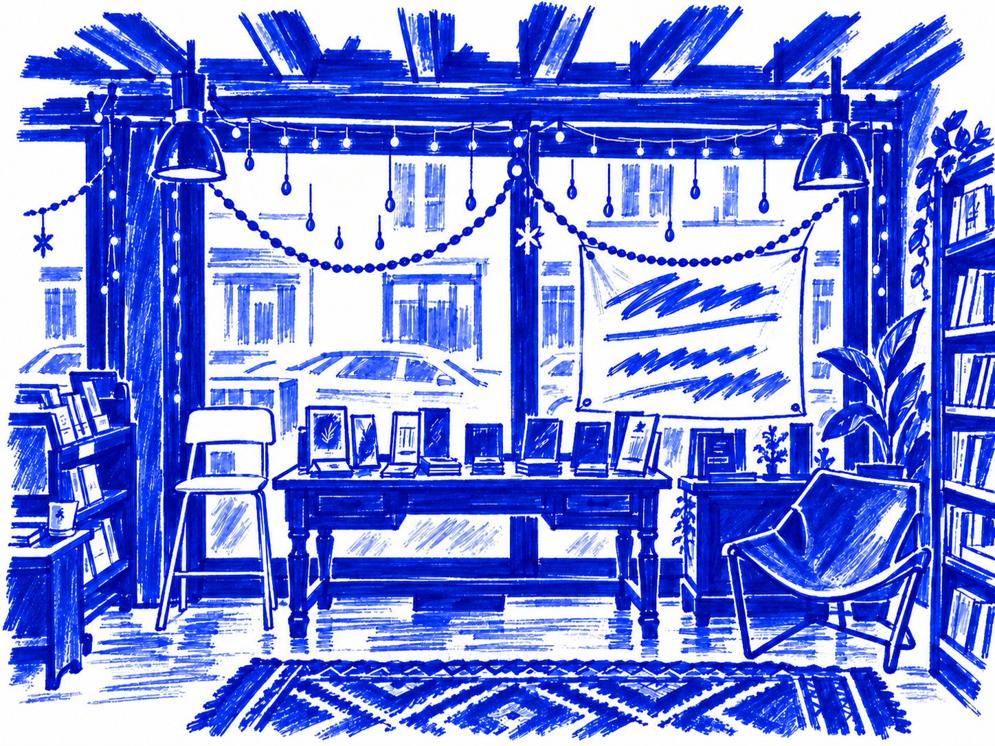 Klein-blue marker illustration of Open Books: A Poem Emporium, Seattle; Places to Wander by The Corporate Artist