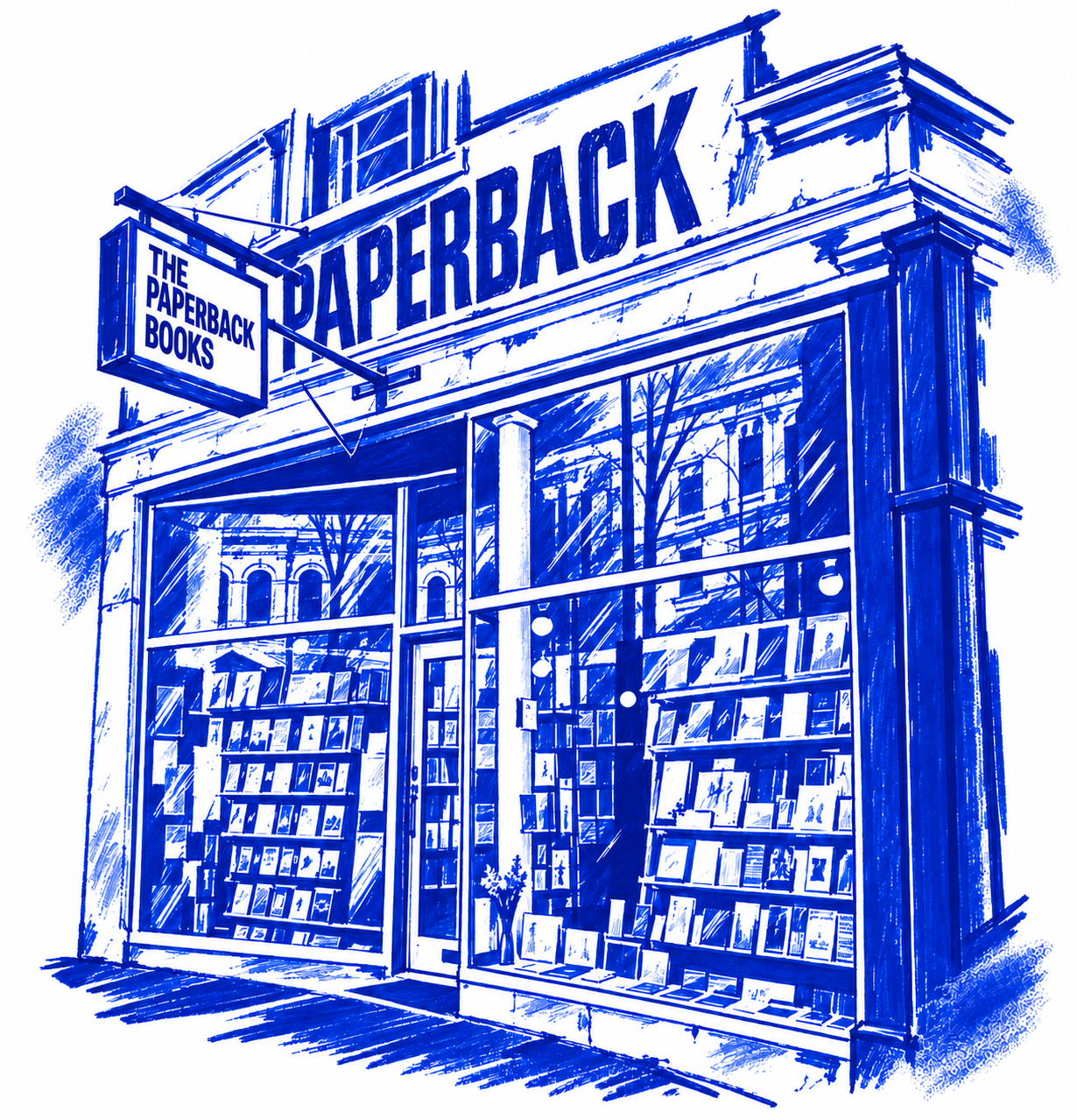 Klein-blue marker illustration of The Paperback Bookshop, Melbourne; Places to Wander by The Corporate Artist
