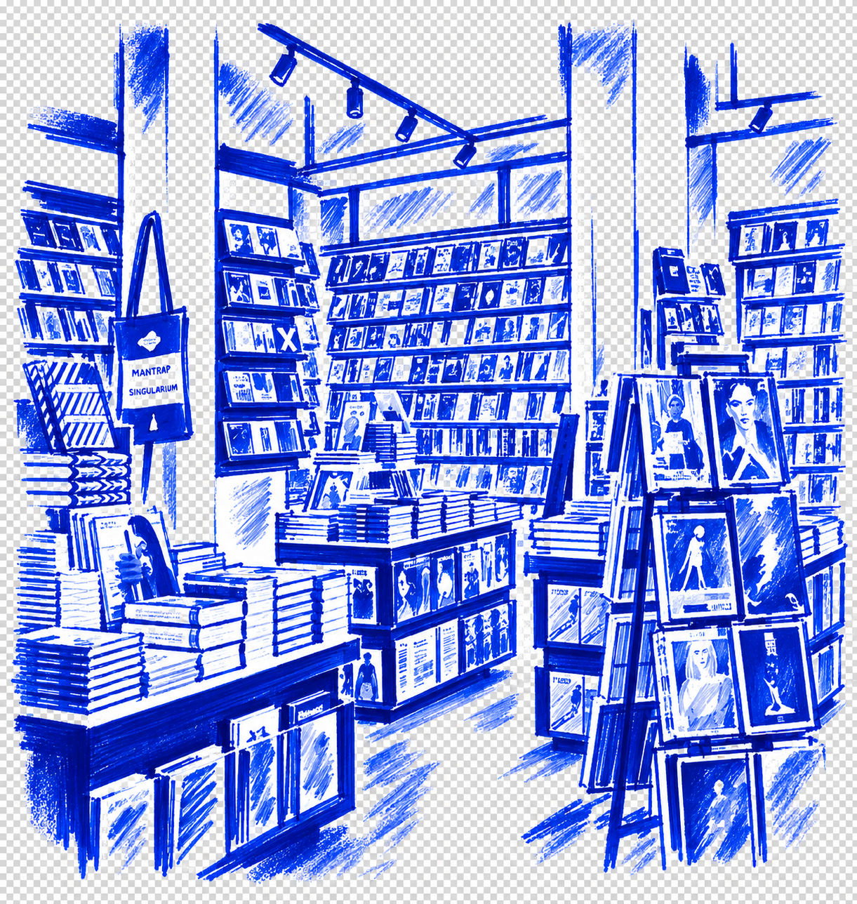 Klein-blue marker drawing of Papercut, Södermalm, Stockholm; Places to Wander by The Corporate Artist