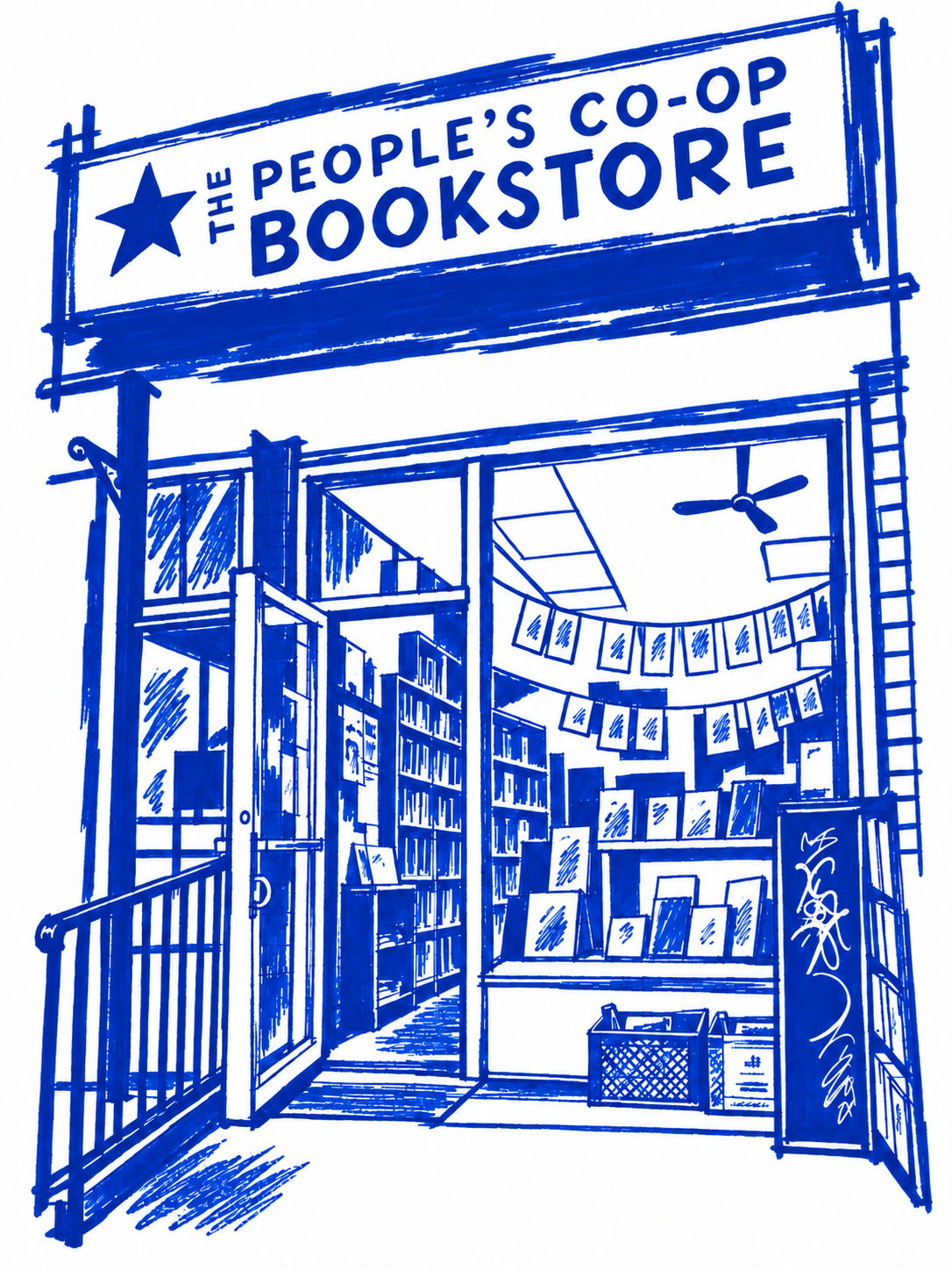 Klein-blue marker drawing of People’s Co-op Bookstore, Commercial Drive, Vancouver; Places to Wander by The Corporate Artist