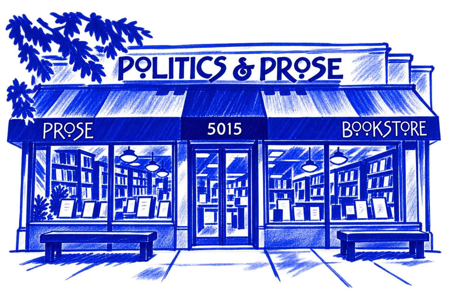 Klein-blue marker illustration of Politics and Prose, Washington, DC; Places to Wander by The Corporate Artist