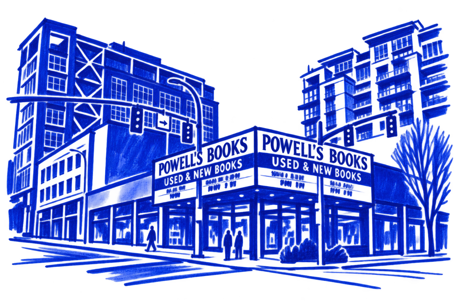 Klein-blue marker illustration of Powell’s City of Books, Portland; Places to Wander by The Corporate Artist