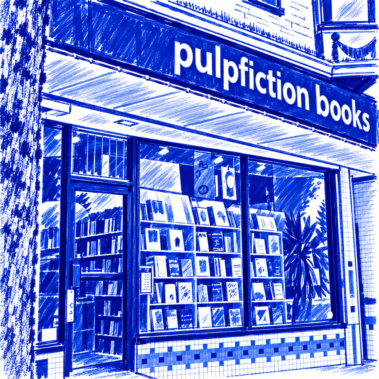 Klein-blue marker drawing of Pulpfiction Books, Main Street, Vancouver; Places to Wander by The Corporate Artist