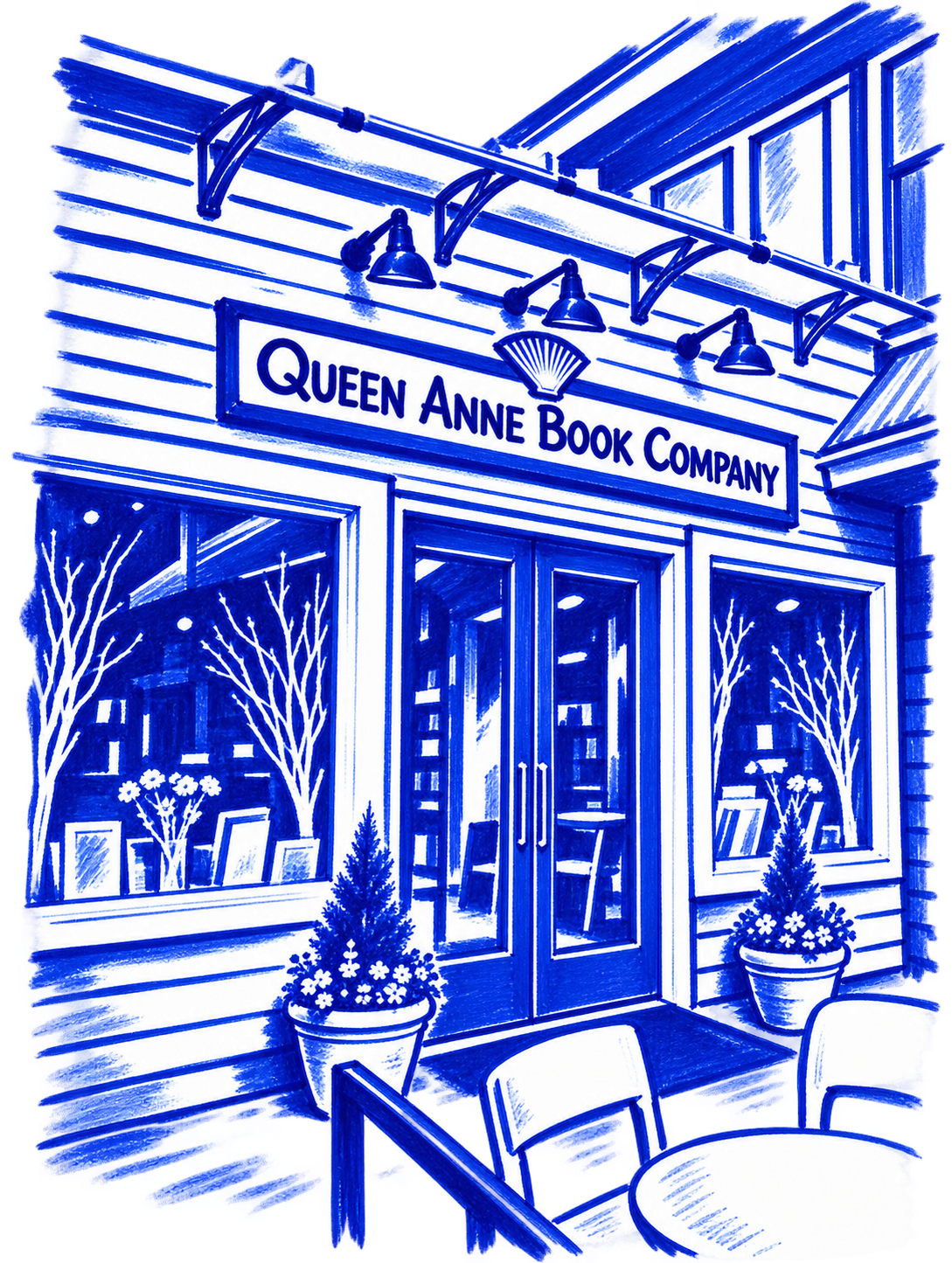Klein-blue marker illustration of Queen Anne Book Company, Seattle; Places to Wander by The Corporate Artist