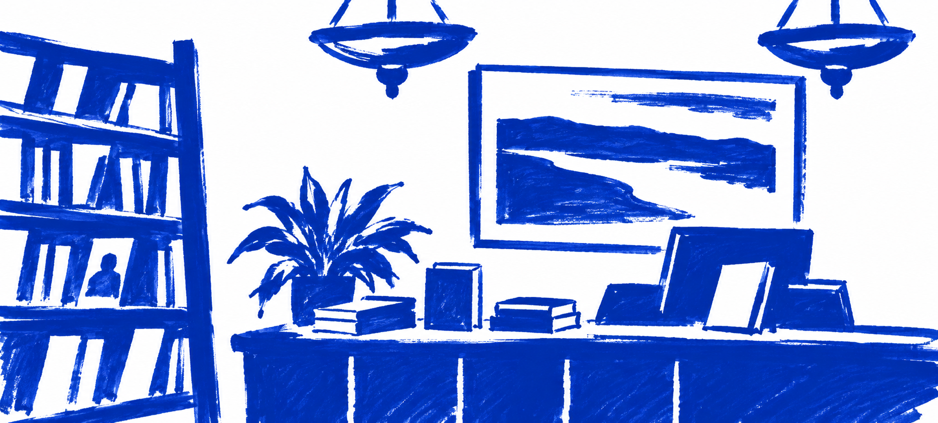 Klein-blue marker drawing of Queen Books, Leslieville, Toronto; Places to Wander by The Corporate Artist