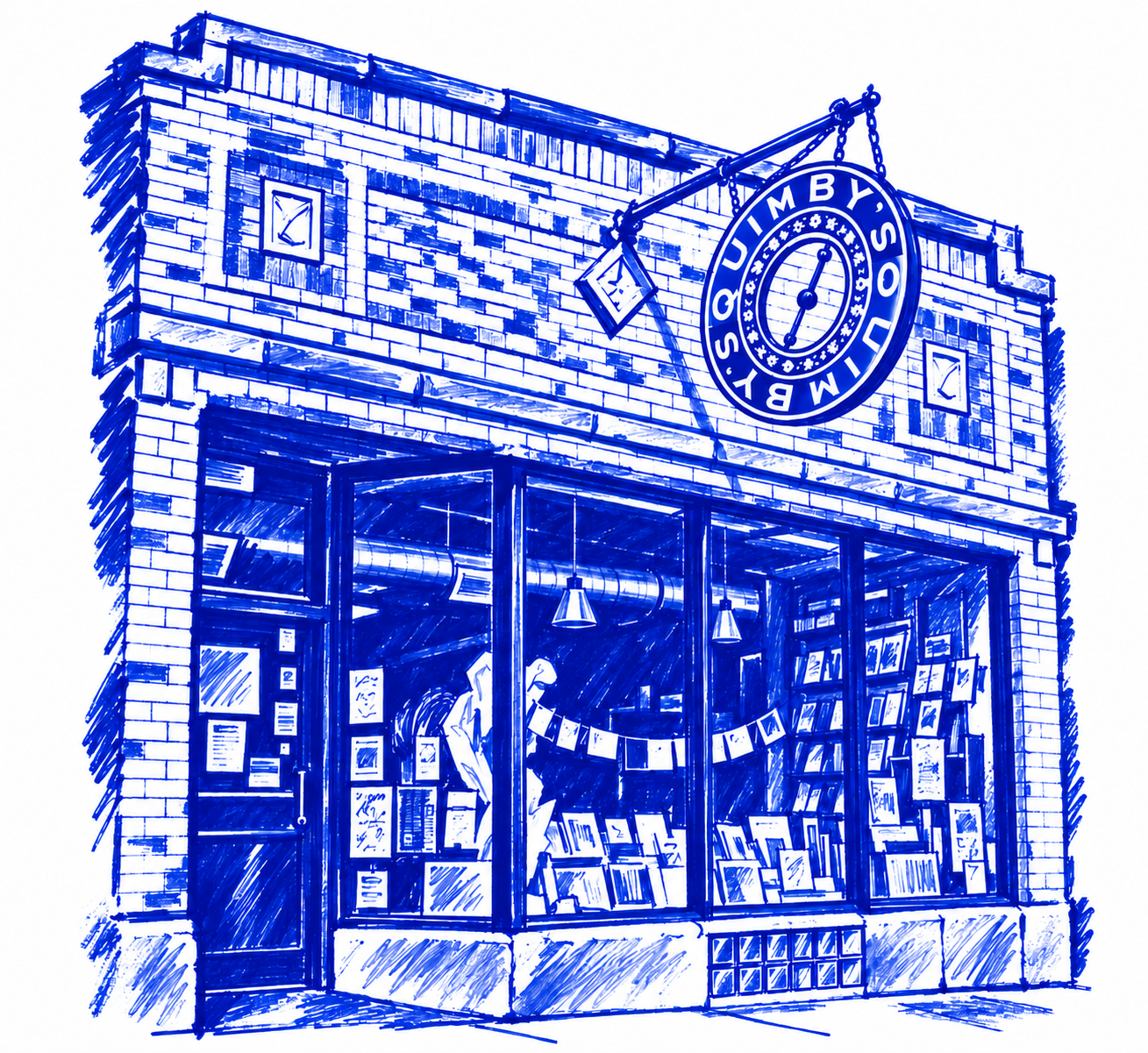 Klein-blue marker illustration of Quimby’s, Chicago; Places to Wander by The Corporate Artist
