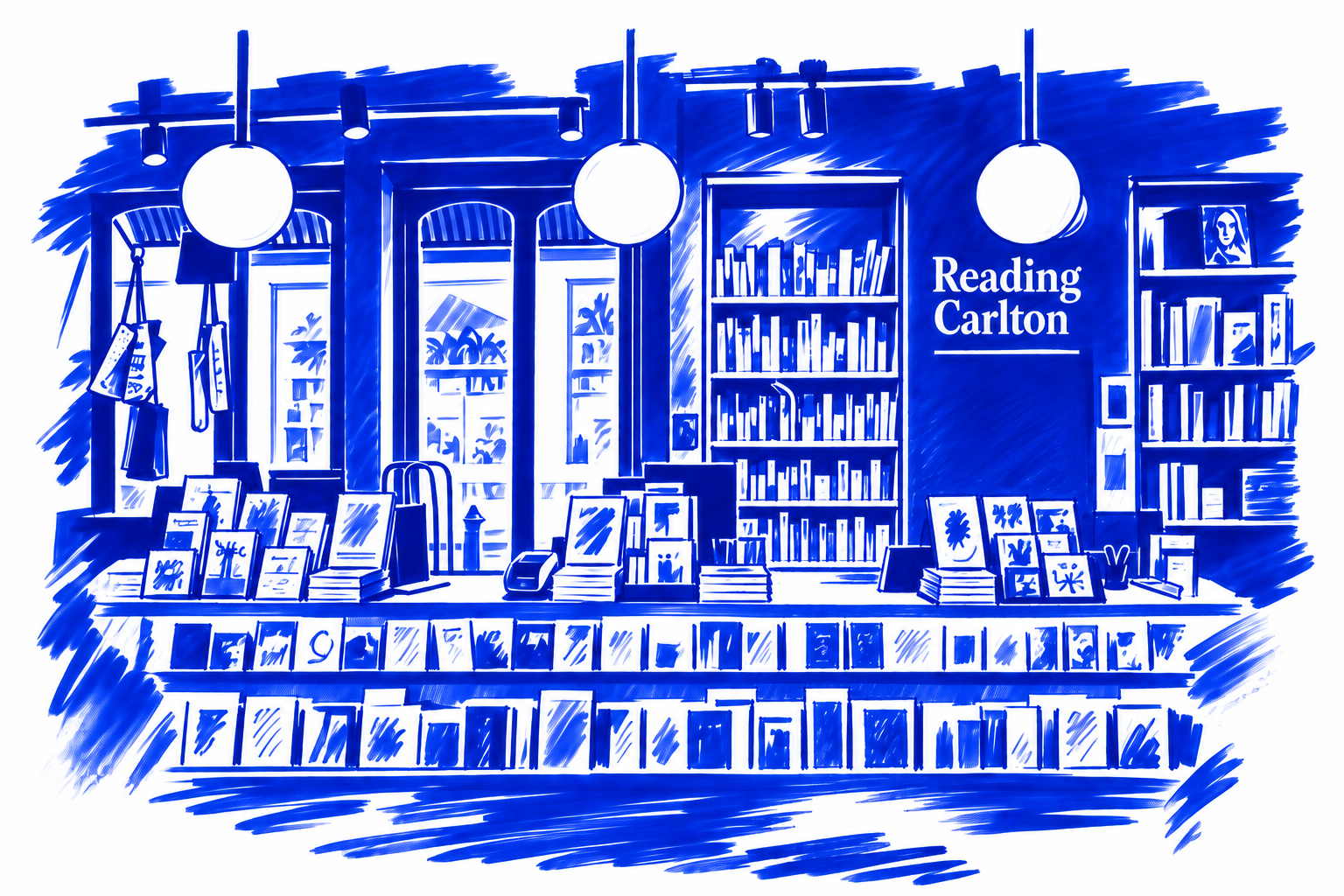 Klein-blue marker illustration of Readings Carlton, Melbourne; Places to Wander by The Corporate Artist