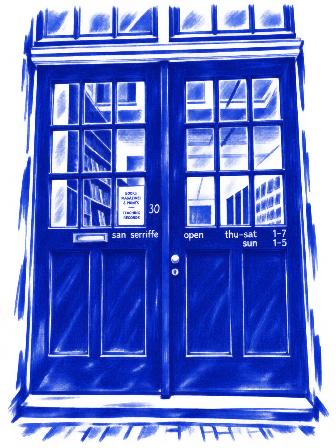 Klein-blue marker drawing of San Serriffe, De Wallen, Amsterdam; Places to Wander by The Corporate Artist