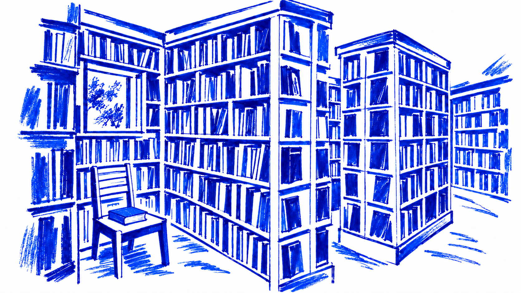 Klein-blue marker illustration of Seminary Co-op, Chicago; Places to Wander by The Corporate Artist
