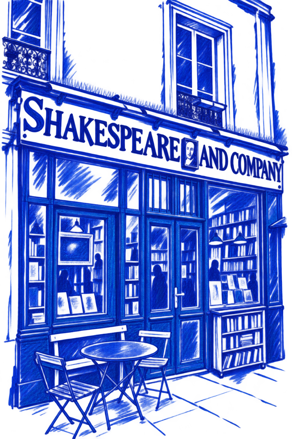 Klein-blue marker drawing of Shakespeare and Company, Latin Quarter, Paris; Places to Wander by The Corporate Artist