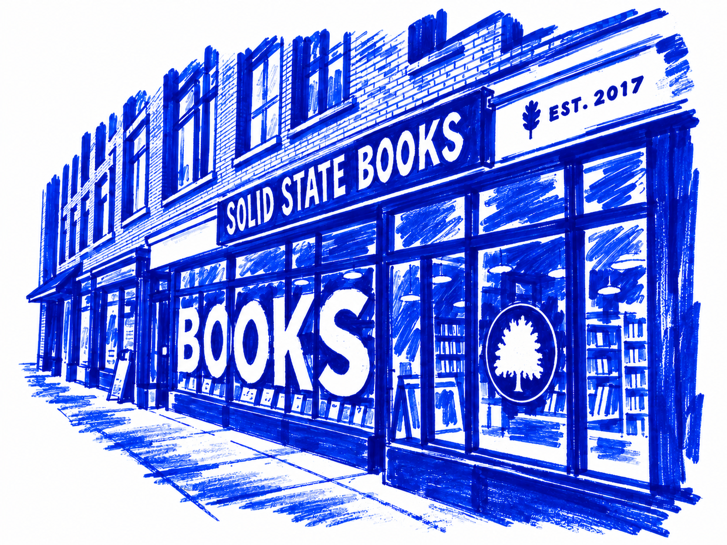 Klein-blue marker illustration of Solid State Books, Washington, DC; Places to Wander by The Corporate Artist