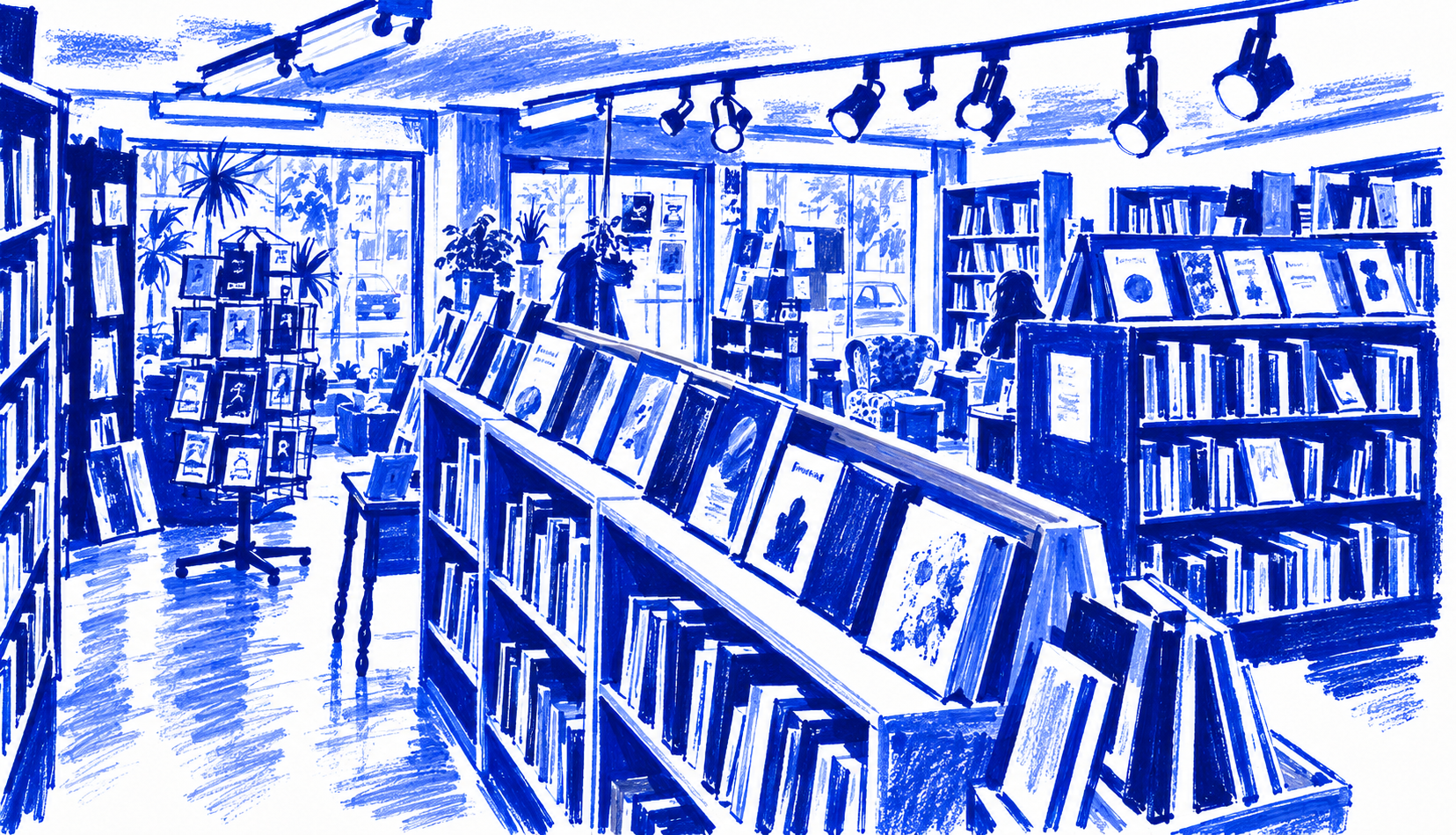 Klein-blue marker drawing of Spartacus Books, Commercial Drive, Vancouver; Places to Wander by The Corporate Artist