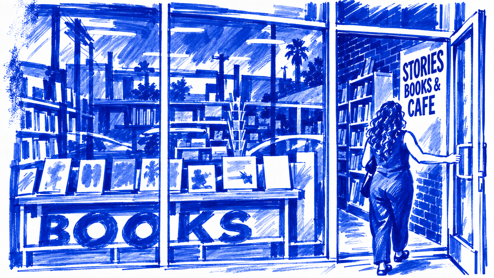 Klein-blue marker drawing through Stories Books & Café’s front window and open door