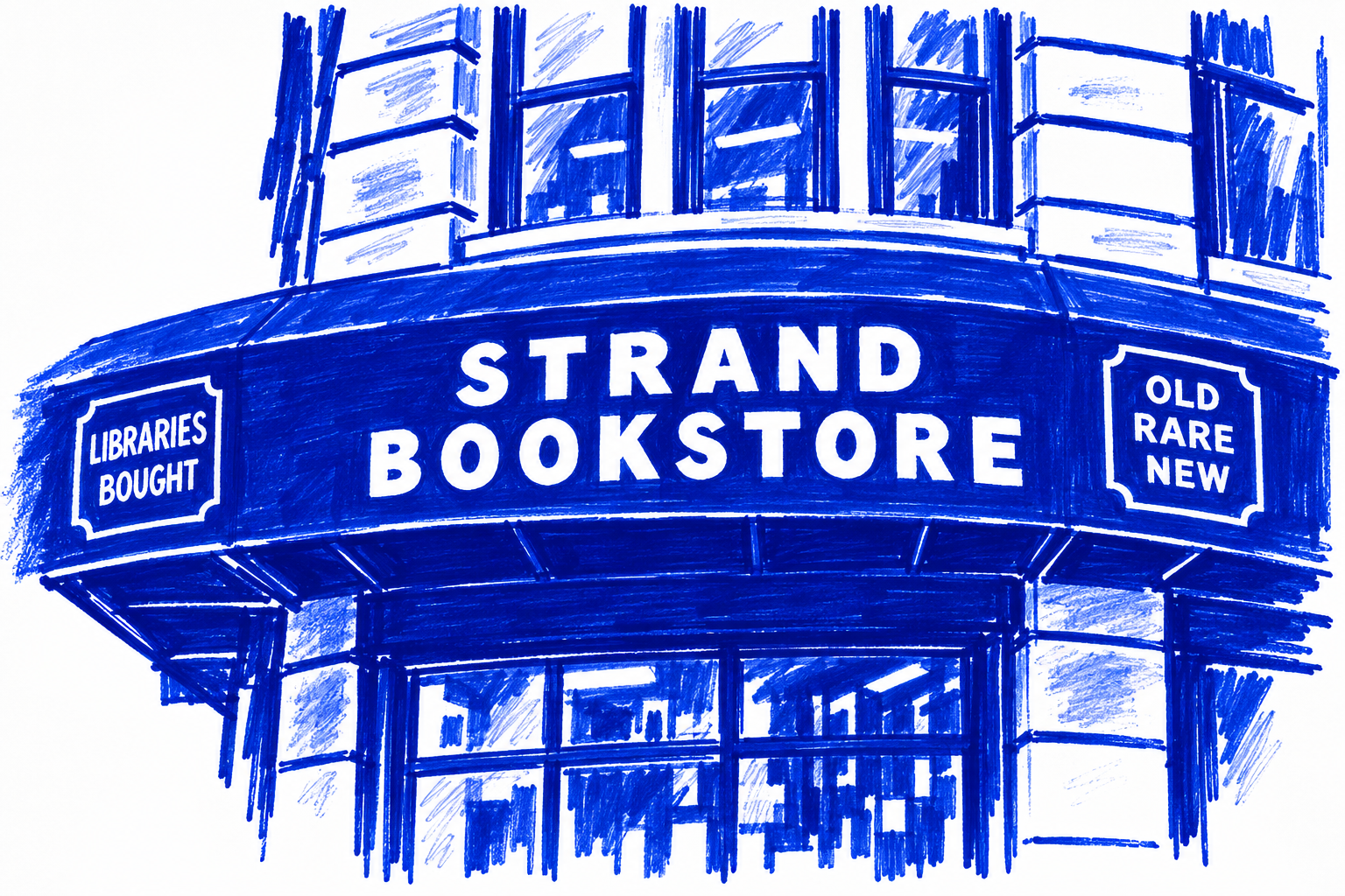 Klein-blue marker drawing of Strand Book Store, Union Square, New York; Places to Wander by The Corporate Artist