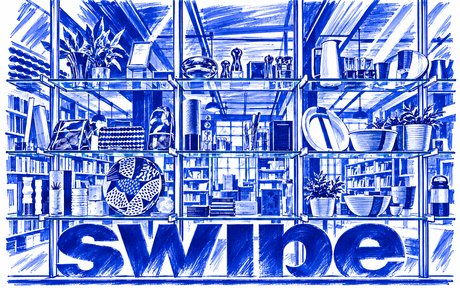 Klein-blue marker drawing of SWIPE, 401 Richmond; Places to Wander by The Corporate Artist