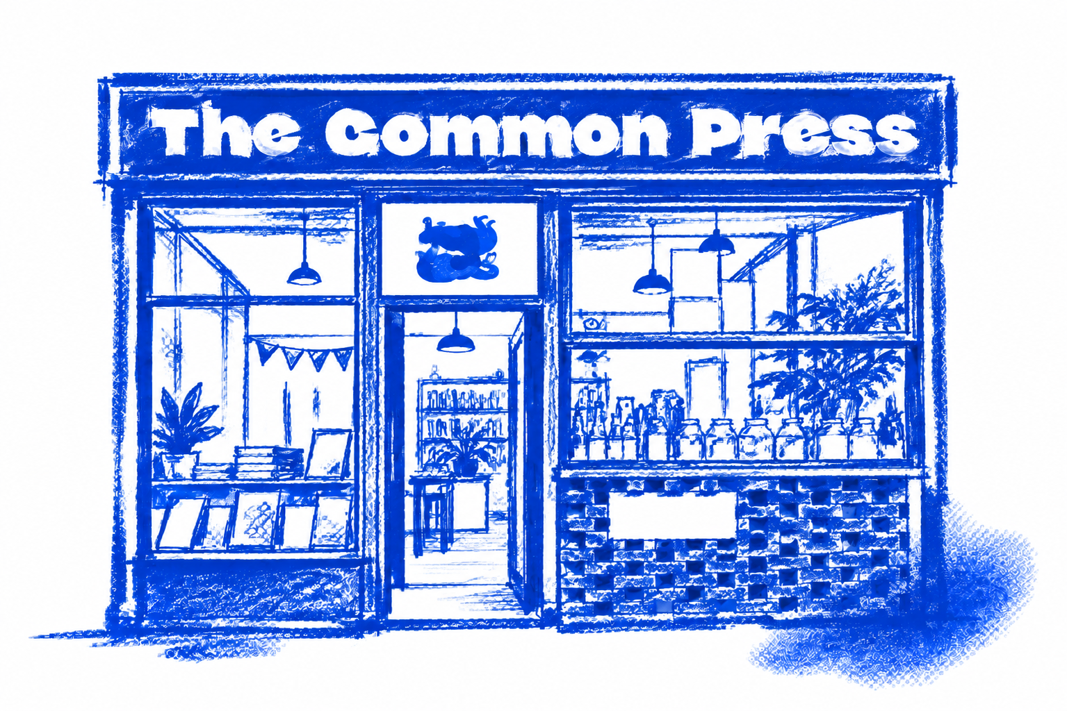Klein-blue marker drawing of The Common Press, Shoreditch, London; Places to Wander by The Corporate Artist