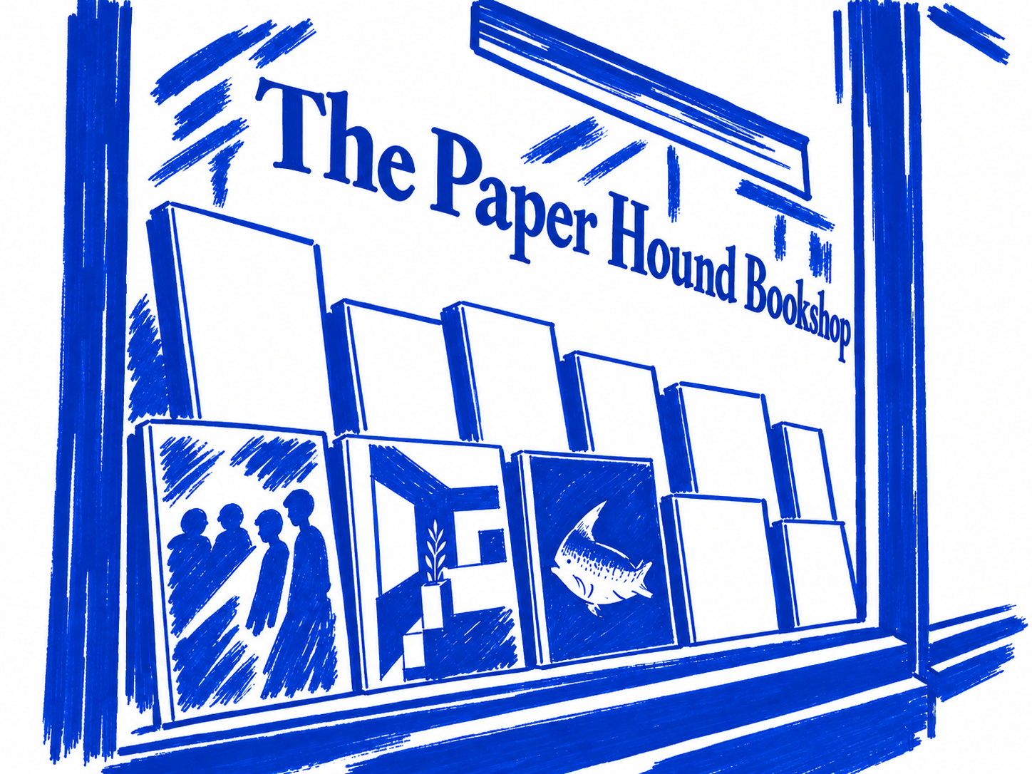 Klein-blue marker drawing of The Paper Hound, Downtown, Vancouver; Places to Wander by The Corporate Artist