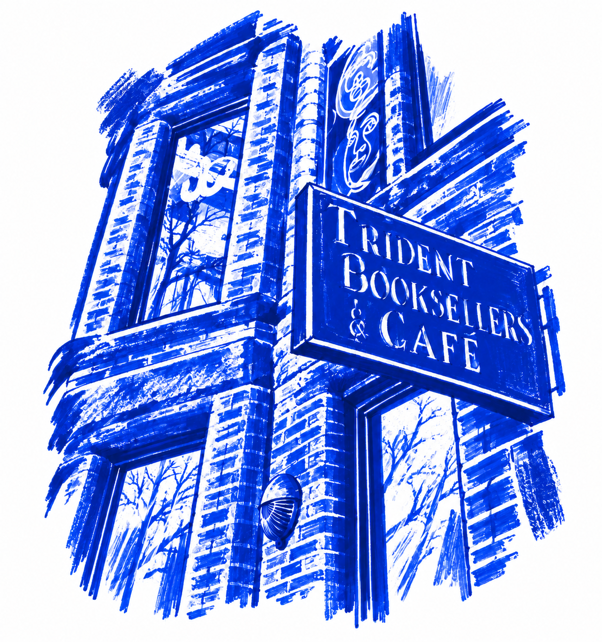 Klein-blue marker illustration of Trident Booksellers & Café, Boston / Cambridge; Places to Wander by The Corporate Artist