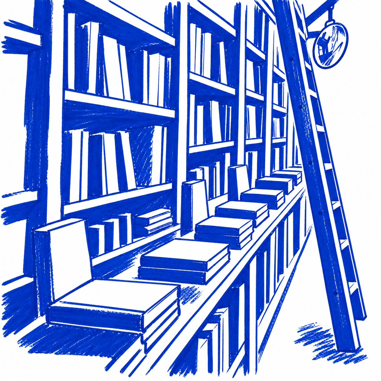 Klein-blue marker drawing of Upstart & Crow, Granville Island, Vancouver; Places to Wander by The Corporate Artist