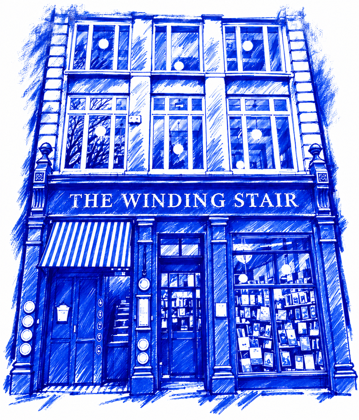 Klein-blue marker drawing of The Winding Stair, Ormond Quay, Dublin; Places to Wander by The Corporate Artist