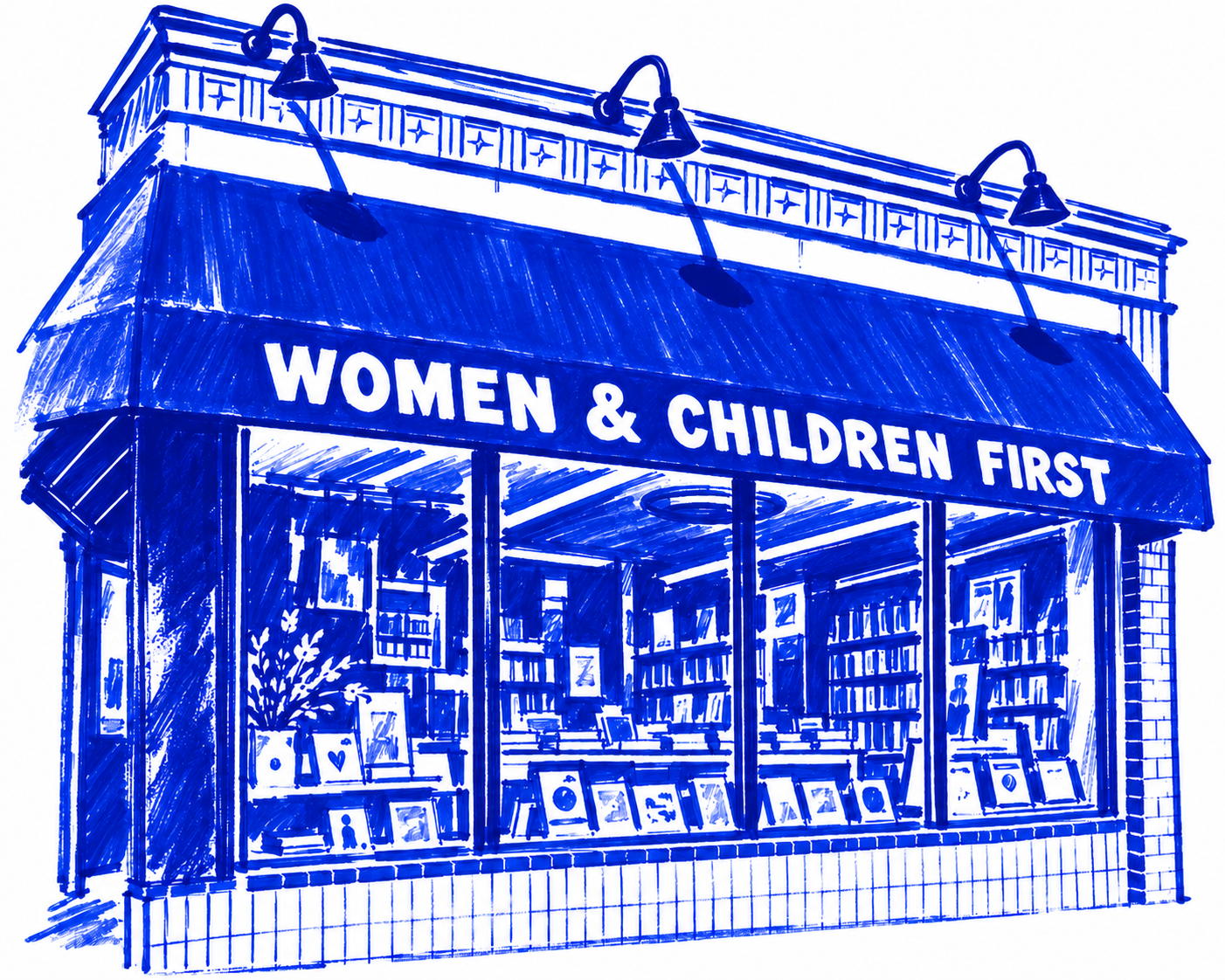Klein-blue marker illustration of Women & Children First, Chicago; Places to Wander by The Corporate Artist