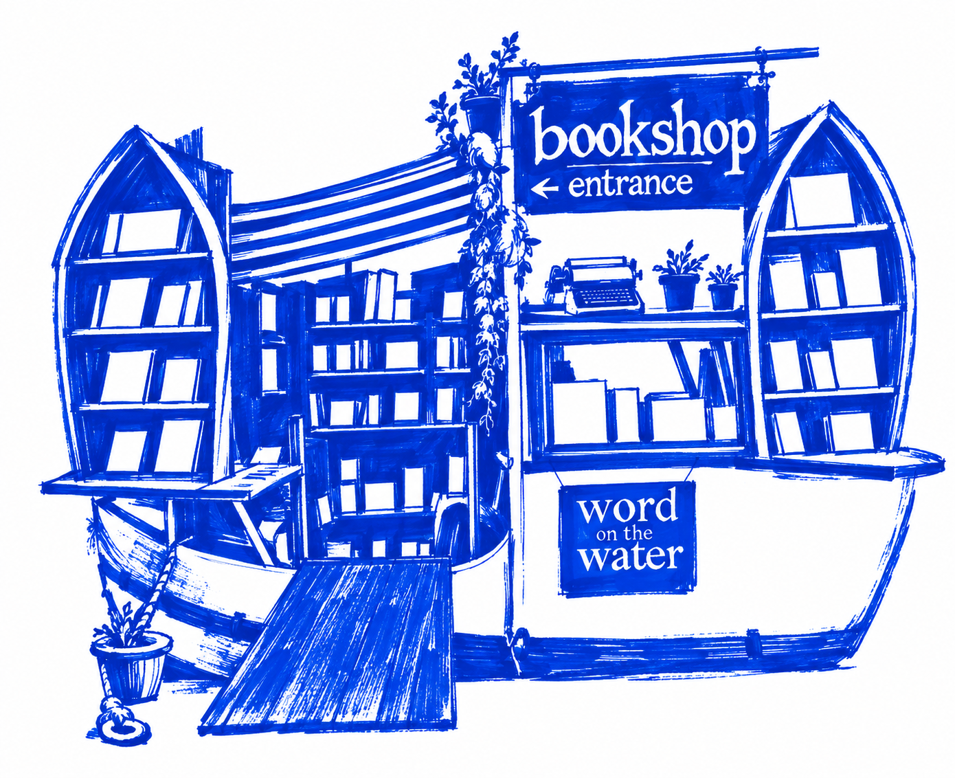 Klein-blue marker drawing of Word on the Water, King’s Cross, London; Places to Wander by The Corporate Artist