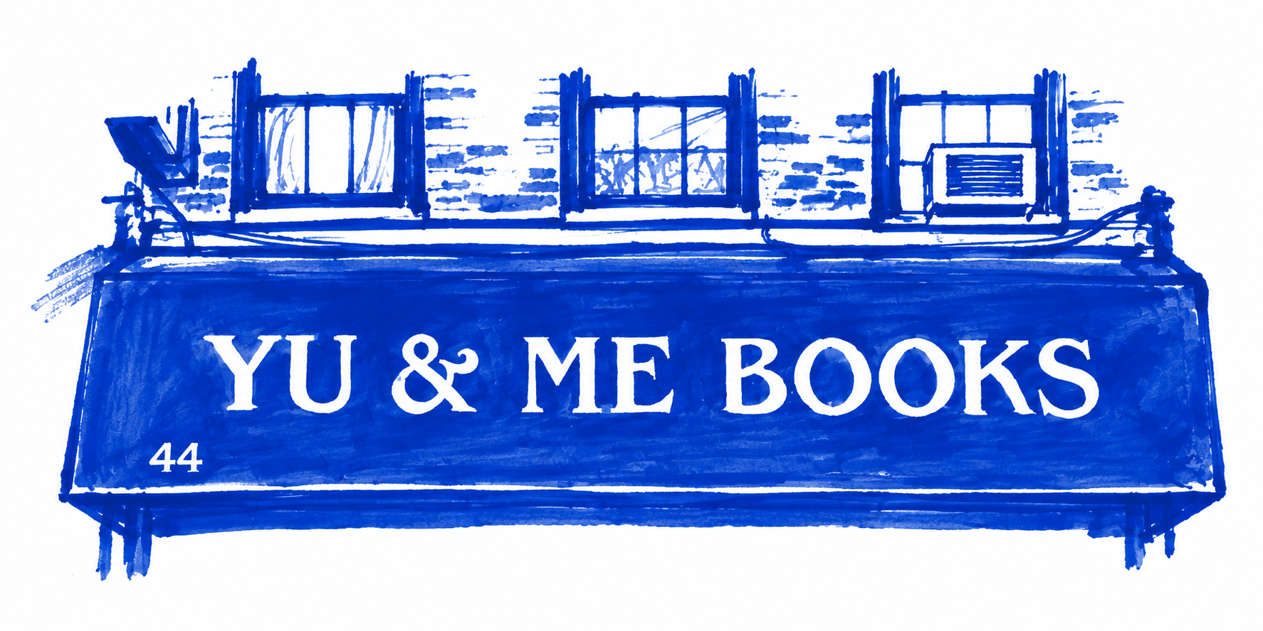 Klein-blue marker drawing of Yu & Me Books, Chinatown, New York; Places to Wander by The Corporate Artist