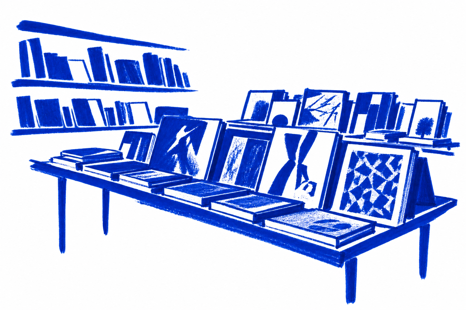 Marker drawing of Arcana’s art-book interior in Klein blue on white