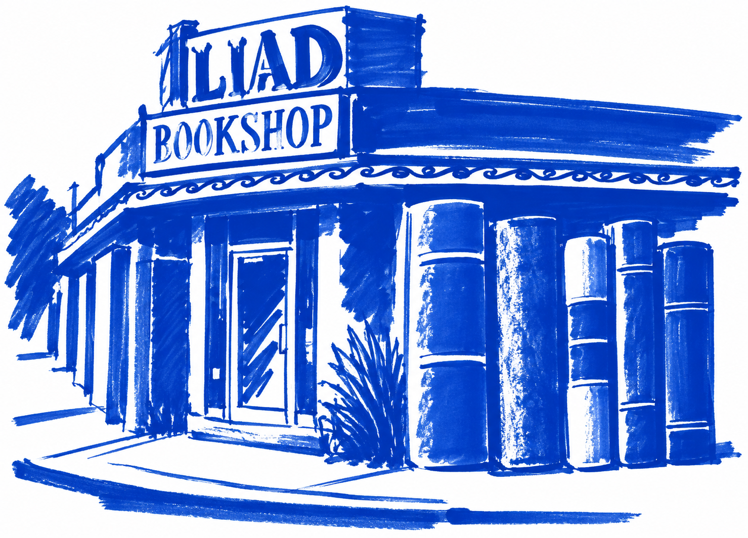 Klein-blue marker drawing of Iliad Bookshop’s corner facade and rooftop sign