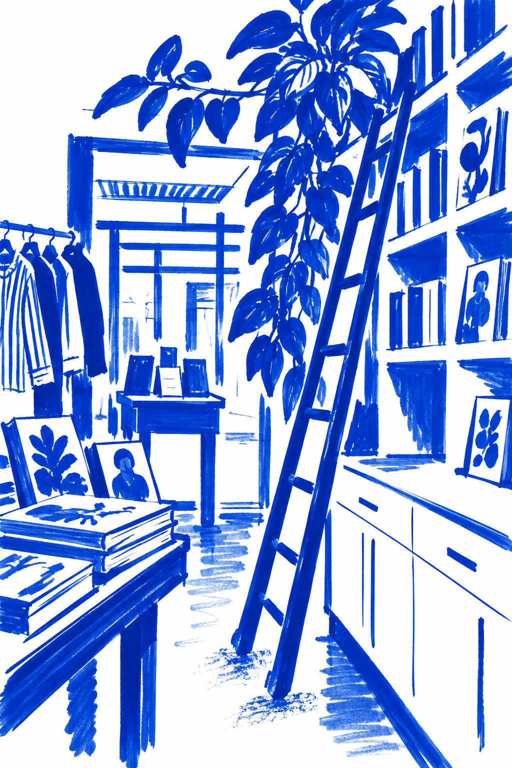 Klein-blue marker drawing looking through Now Serving’s entrance toward Far East Plaza
