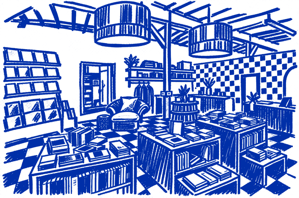 Klein-blue marker drawing of Reparations Club’s bookshop interior