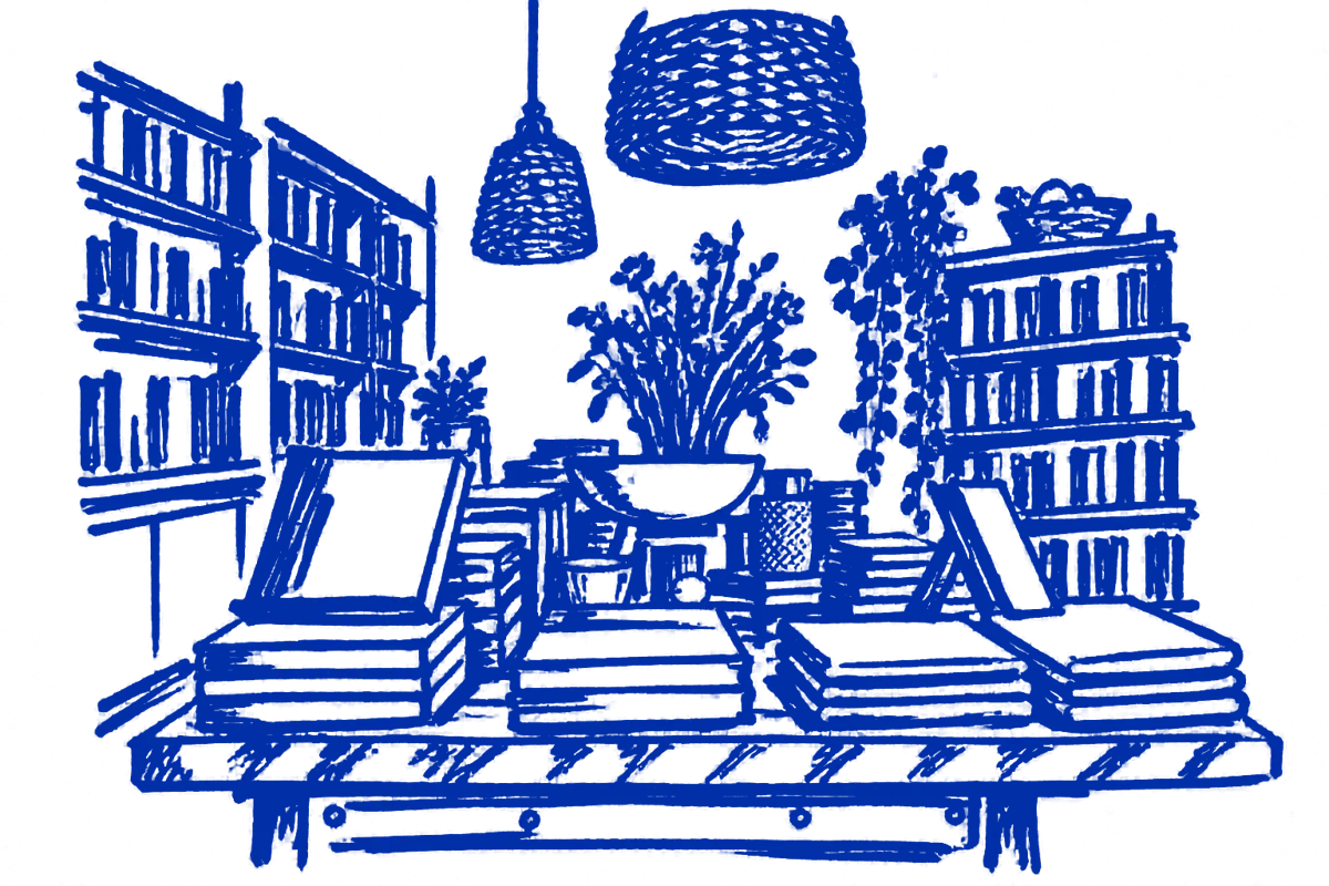 Blue drawing of Now Serving’s cookbook and culinary table