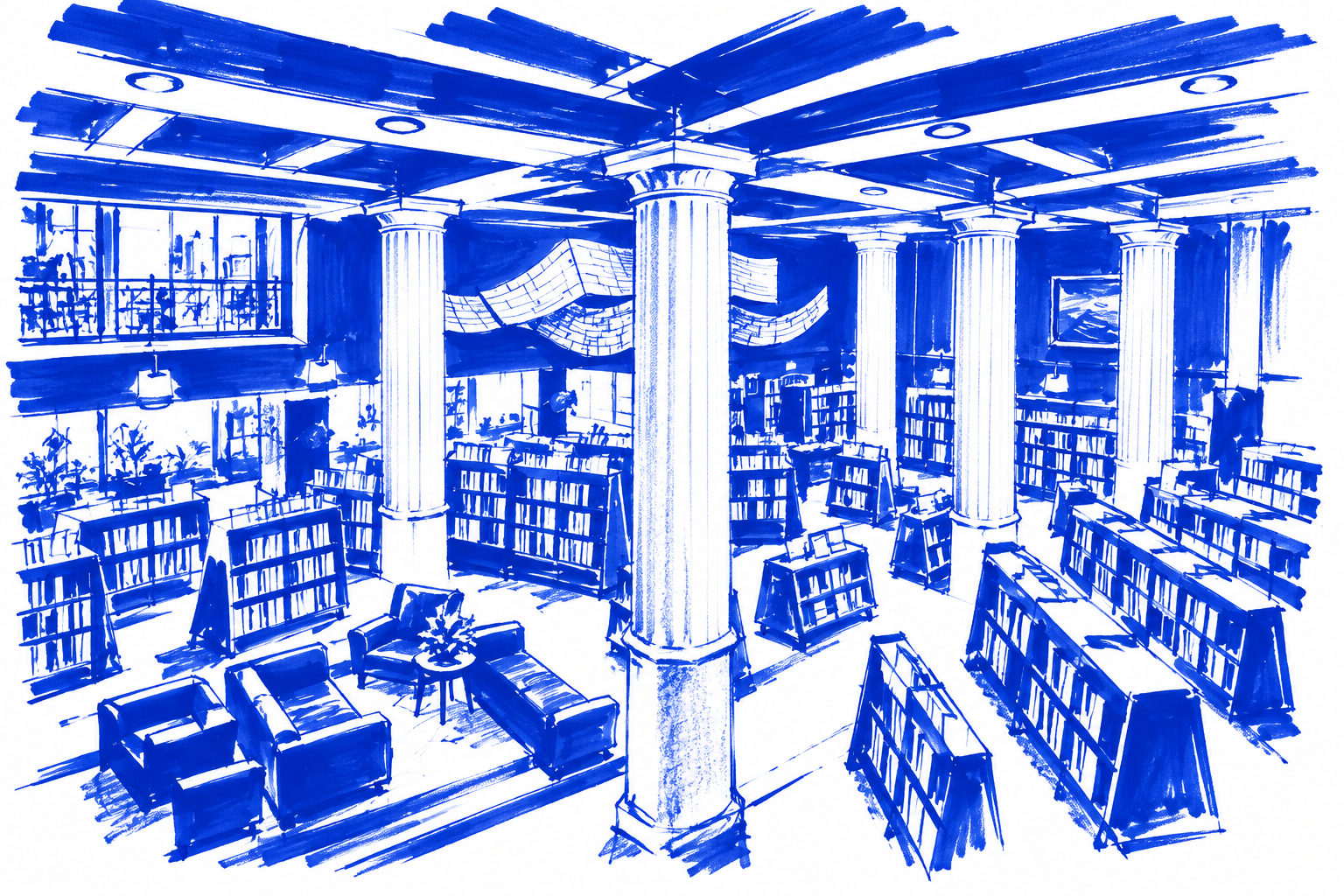 Klein-blue marker drawing of The Last Bookstore’s interior