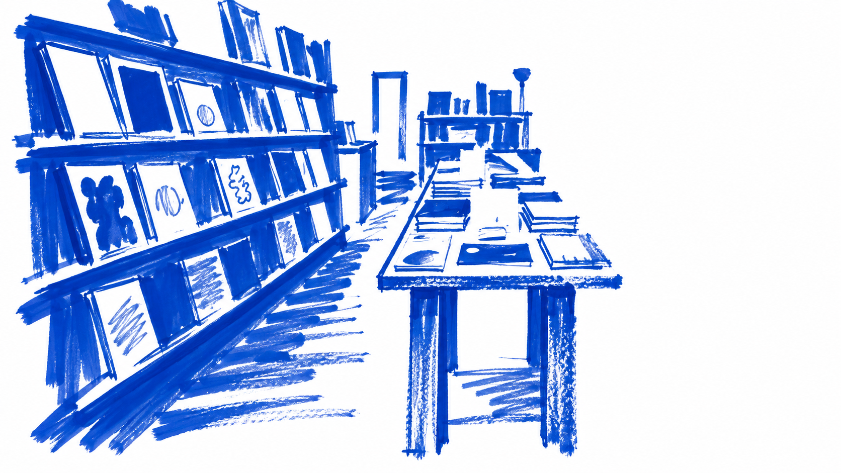 Klein-blue marker drawing of The Pop-Hop’s book-lined interior and central tables